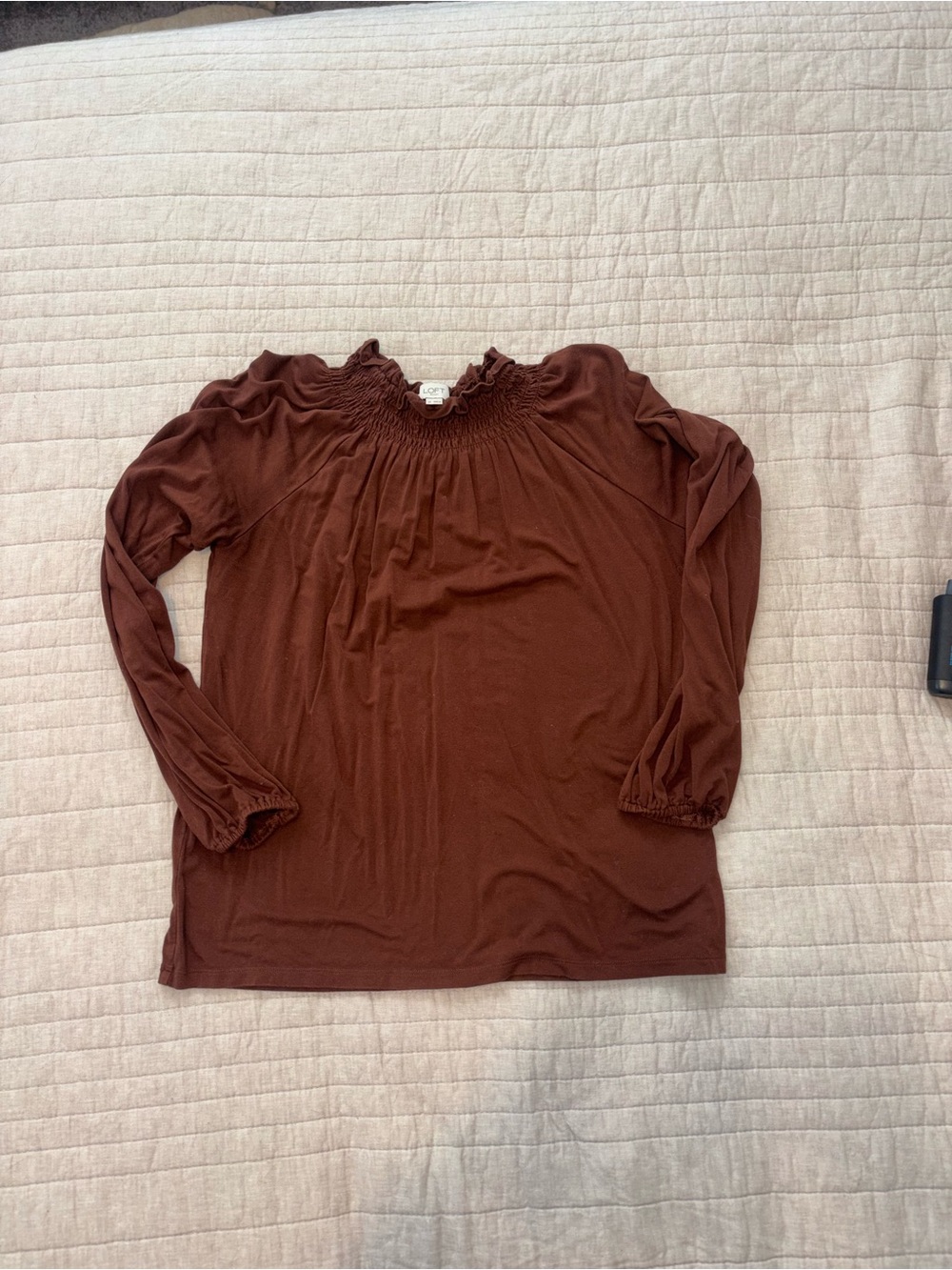 LOFT Chocolate Brown Ruffled Neck Long-Sleeve Blouse